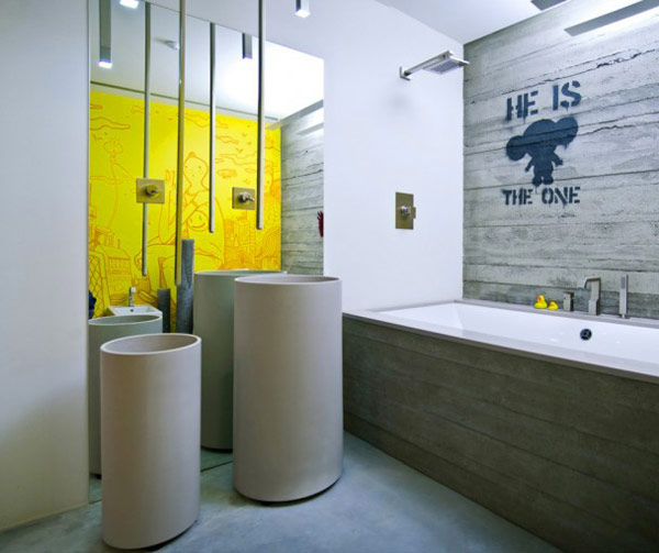 Unique Creative Bathroom De Fascinating Mix of Materials and Textures Showcased by Industrial Loft in Kiev