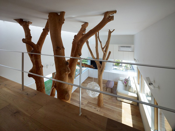 Upper Floor View Contemporary Home in Japan Integrating Real Trees in The Structure